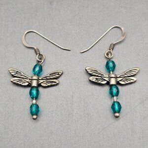 Sterling Silver Blue Glass Beaded Dragonfly Dangle Earrings 1" 925 Wings & Hooks